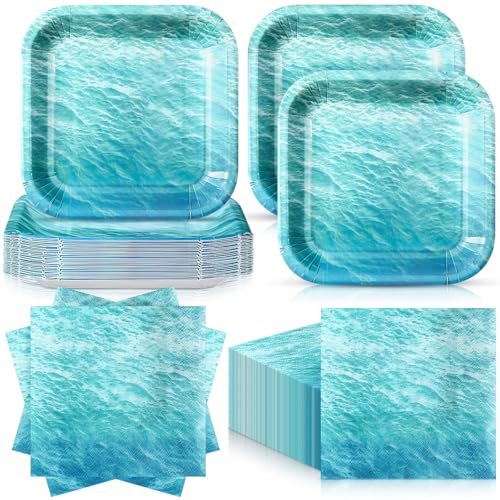 Zhehao 72 Pcs Ocean Sea Plates and Napkins Under The Sea Party Supplies Set Serve 36, 7 Square Ocean Waves Tableware Teal Decorations Disposable for Summer Birthday Baby Shower - style: Sea
