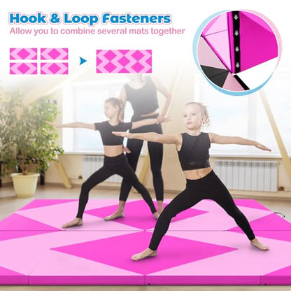 Giantex 4'x8' Gymnastics Mat, 2" Thick Folding Tumbling Mat with Carrying Handles, Foldable Gym Mat with Hook and Loop Fastener, Cheer Mats for Kids Adults Home Exercise Aerobics Fitness - color: Pink/Purple