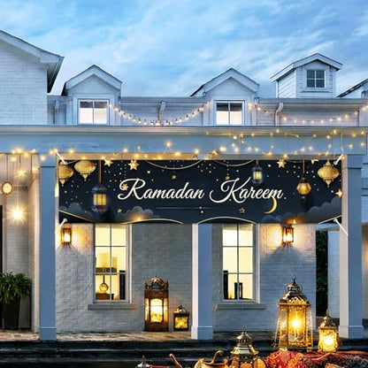 BlissYard Ramadan Kareem Banner 78 x 17 Inch Islamic Holiday Wall Backdrop Moon Star Design for Eid Mubarak Home Porch Fence Party Decor Spiritual Celebration