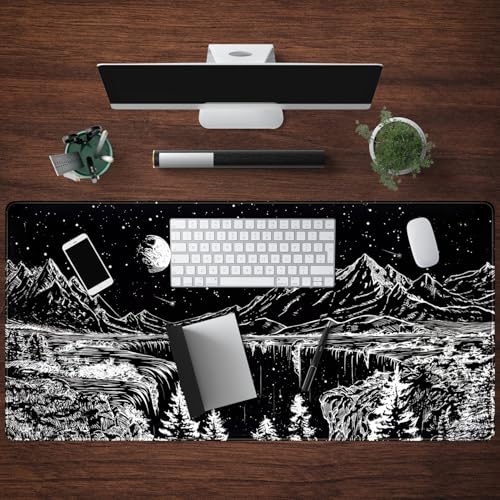 Black and White Desk Mat Dark Nature Forest Mouse pad XXL Starry Night Mountain Desk pad Aesthetic Moon and Stars Mousepad XXL for Laptop Computer Mouse Gaming Keyboard Mat, 31.5 X 15.8 in - color: Night Painting