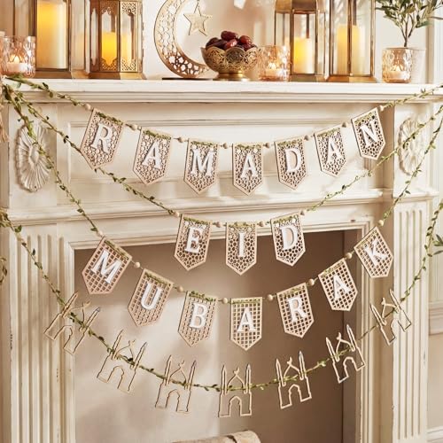 Marsui 4 Pcs Ramadan Eid Mubarak Wood Bead Garland Eid Mubarak Ramadan Hanging Banner Garland Farmhouse Wooden Rustic Neutral Hanging Decor for Party Fireplace Home Wall Sign Decoration - size: Ramadan