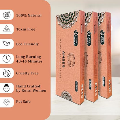Raajsee Amber Incense Sticks 100 Gm Pack-100% Pure Organic - Natural Hand Rolled Free from Chemicals-Insence for Church,Relaxation, Meditation & Sensual Therapy - color: Amber