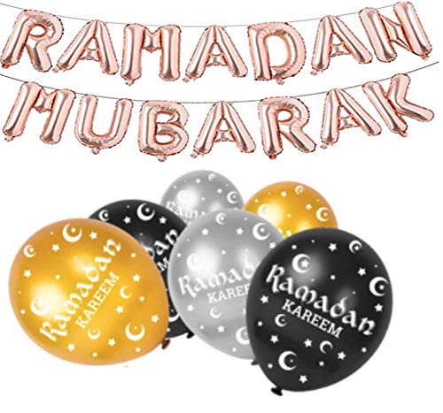 Ramadan Kareem Eid Mubarak Decoration Bunting Aluminum Foil Balloon and Latex Balloons Islamic Muslim Balloons Party Black, Gold & Silver Aluminum Foil 16" | Latex 12" Each (Rose Gold+15pcs)