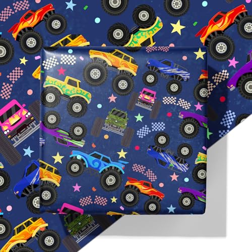 Cuitpan Monster Truck Wrapping Paper - Colorful Monster Trucks with Stars, Dots & Fun Patterns Design - Ideal for Kids & Car Enthusiasts Gift Wrapping - 40×28 Inches, 4 Folded Sheets - color: Blue-Monster Trucks
