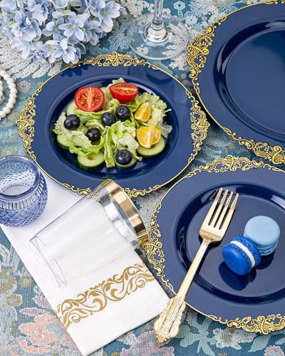 Nervure 175PCS Blue Plastic Plates - Blue Gold Plastic Dinnerware Set Disposable Include 50 Plates for Dinner and Dessert, 25Knives, 25Spoons, 25Forks, 25Cups, 25Napkins for Weddings & 4th of July - color: Navy, style: 175Pcs(25Guests)