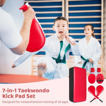 7 in1 Taekwondo Kick Pad Set, Boxing Training Equipment, Martial Art Kicking Pad, PU Leather Boxing Focus Pad, Target Punching Pads and Hand Wraps for Karate, Sparring, MMA, Muay Thai - color: Red