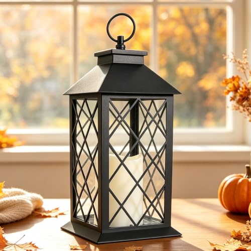 13.5" Black Vintage Candle Lantern with LED Pillar Candle and Timer - IP44 Waterproof Outdoor Decorative Hanging Lantern Porch Light - color: [1-pack] Textured Black Lantern - White Candle