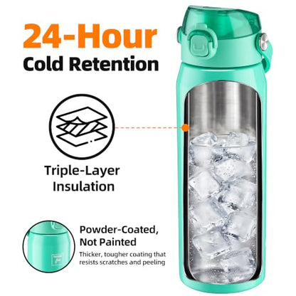 Fanhaw 24 oz Insulated Stainless Steel Water Bottle with 2-in-1 Straw& Chug Lid, Leakproof Wide Mouth Vacuum Bottle for School, Sports, Kids, Teens& Adults, Back to School Essentials (Bianchi Green) - color: Bianchi Green