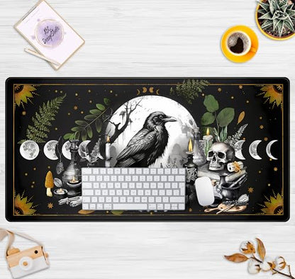 Cute Kawaii Raven Desk Mat XXL Large Extended Gaming Mouse Pad Nature Forest Gothic Mousepad with Stitched Edges, Anime Skull Laptop Keyboard and Mouse Mat Desk Pad for Work Game 31.5x15.7 in - color: Anime Black Crow