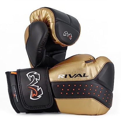 RIVAL Boxing RB10 Intelli-Shock Bag Gloves, Hook and Loop Closure - Ergonomic Fit, 1.25” of Closed Cell Foam for Intense Bag Use - color: Black/Gold, size: Large