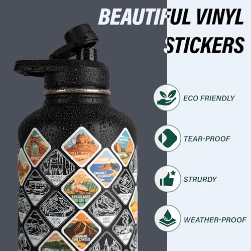 DYSANKY National Parks Water Bottle – 64 oz Insulated Stainless Steel Bottle with 63 Hand-Drawn Park Stickers, Carrier Bag, Strap & Gift Box – BPA-Free – Ideal for Hiking, Camping & Travel - color: Advanced Black Park, size: 64 Ounces