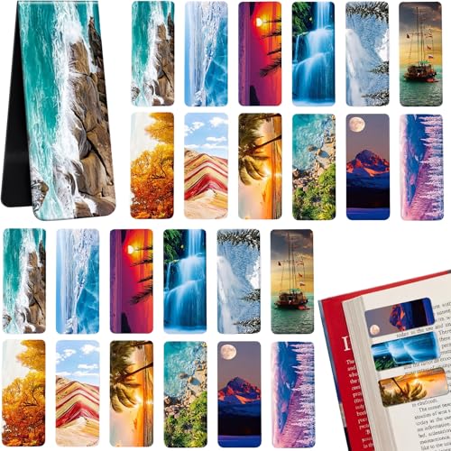 Tenare 24 Pcs Magnetic Bookmarks 12 Styles Magnet Page Markers Assorted Landscape Bookmarks Clips for Reading Double Side Cute Bookmark for Women Men Students Teachers Birthday Gifts Supplies