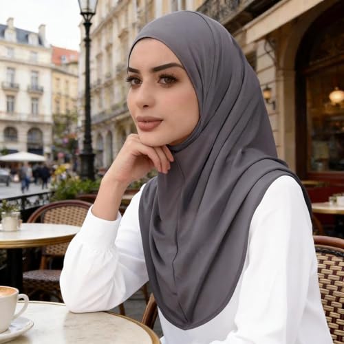 Instant Hijab Ready To Wear Hijab Scarf for Women Soft Long Muslim Jersey Hijabs Head Scarf for Prayer Abaya - color: Dark Grey