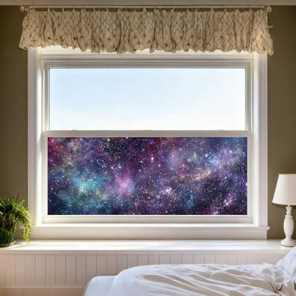 Window Privacy Film 39.37 x 17.3 in Purple Blue Galaxy Stars Cling | Galaxy and star artwork brings a dreamy cosmic look while adding privacy to bedroom, game room, office and glass doors. - color: Colorful Window#06