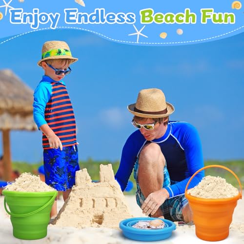 Foldable Beach Sand Toy Bucket for Kids Adults, Jumbo Collapsible Sandbox Bucket, Foldable Pail with Mesh Bag, Multi Use for Garden Beach, Camping, Easter Basket Gift, Fishing, Travelling 3PCS - style: Round