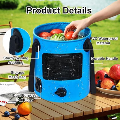 6.6 Gallon Collapsible Bucket with Drain Valve & Handle, Portable Outdoor Water Bucket for RV, Camping, Fishing, Hiking, Gardening & Car Washing