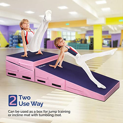 Folding Gymnastics Cheese Wedge Incline Mat, Gym Fitness Tumbling Skill Shape Mat for Kids Girls Home Training Exercise - color: Purple+Pink