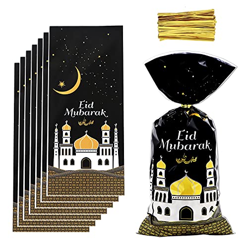 Eid Mubarak Goodie Bags, 100 Pieces Muslim Castle Moon Star Pattern Ramadan Treat Bags Cellophane Bags Goody Favor Bags with Gold Twist Ties for Muslim Islamic Eid Iftar Diwali Party Kids Gifts - - color: Black
