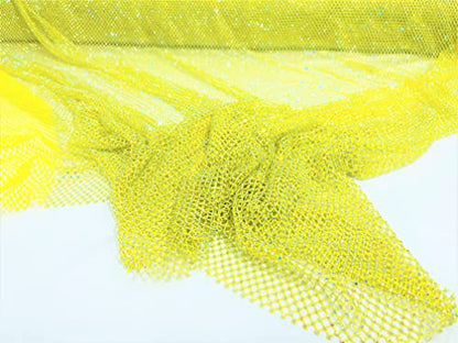 New Creations Fabric & Foam Inc, 45" Wide AB Iridescent Rhinestone On Soft Stretch Fish Net Fabric by The Yard (1 Yard, Iridescent Rhinestones on Yellow Mesh) - color: Iridescent Rhinestones on Yellow Mesh