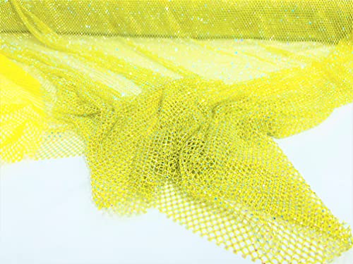 New Creations Fabric & Foam Inc, 45" Wide AB Iridescent Rhinestone On Soft Stretch Fish Net Fabric by The Yard (1 Yard, Iridescent Rhinestones on Yellow Mesh) - color: Iridescent Rhinestones on Yellow Mesh