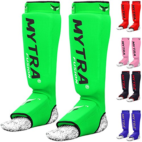 Mytra Fusion Shin Pads Instep Protector Kick Boxing Muay Thai Training Elasticated Shinpads (Green, S/M)