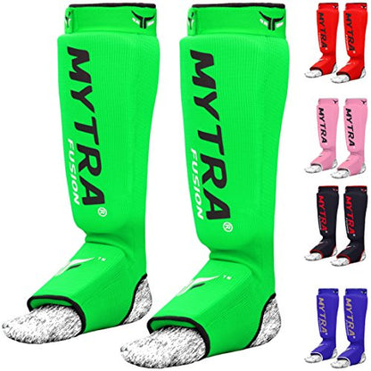 Mytra Fusion Shin Pads Instep Protector Kick Boxing Muay Thai Training Elasticated Shinpads (Green, S/M)