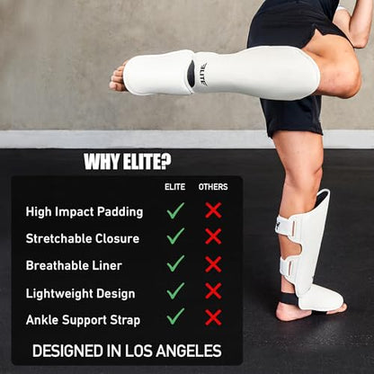 Elite Sports Muay Thai 정강이 보호대 킥복싱 MMA 무에타이 다리 발등 보호 패드, BJJ 가라데 복싱 태권도용 무술 발로 스파링 훈련 장비 - color: 단색 화이트., size: LXL