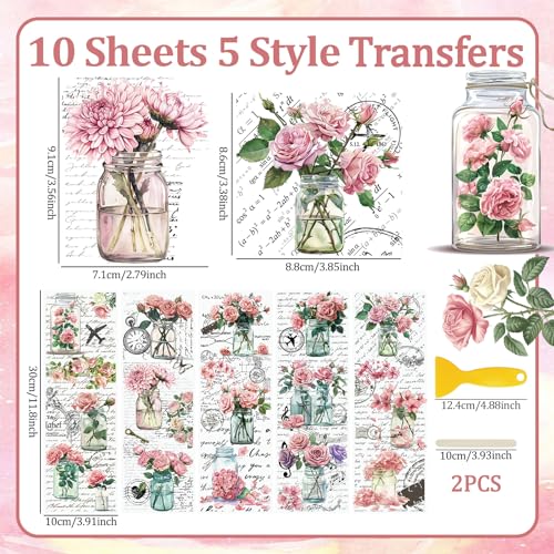 WANDIC 10 Sheets Rub On Transfer Sticker, Pink Flower Stickers Waterproof Transfer Decals for DIY Scrapbooking Photo Albums Furniture,11.8 * 3.9in - color: Pink Flower