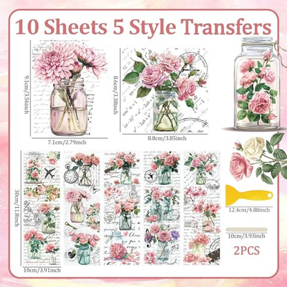 WANDIC 10 Sheets Rub On Transfer Sticker, Pink Flower Stickers Waterproof Transfer Decals for DIY Scrapbooking Photo Albums Furniture,11.8 * 3.9in - color: Pink Flower