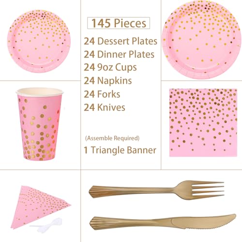 Pink and Gold Party Supplies 145PCS Golden Dot Paper Party Dinnerware Includes Paper Plates, Napkins, Knives, Forks, Cups, Banner, for Bachelorette, Girl Birthday, Baby Shower, Serves 24 - color: Pink Gold (Serves 24)