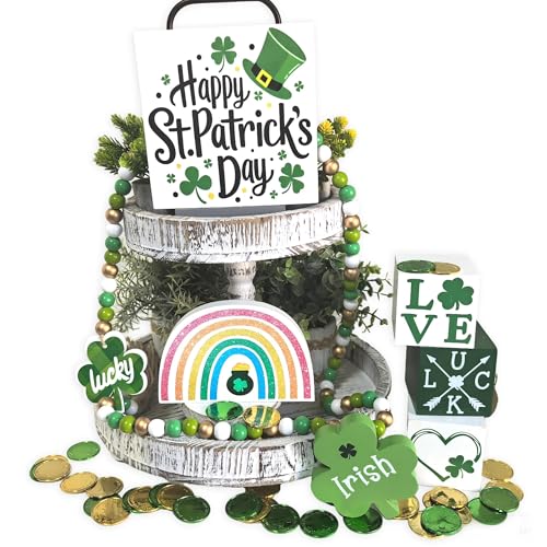 Dazingart St. Patrick's Day Tiered Tray Decor, St. Patrick's Day Decorations, Lucky, Irish, Shamrock, Pot of Gold, Bead Garland Wooden Signs for Table Shelf Home Party Holiday Decor - color: St.patrick