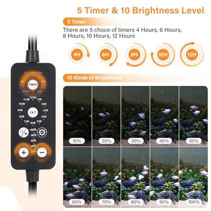 hygger Submersible LED Aquarium Light, 14W 15in 24/7 Mode Fish Tank Light with 5 Rows Beads, with Timer 9 Colors and Adjustable Brightness, Full Spectrum IP68 Waterproof Light for Fish Tank 16-27 inch - size: 15in 14W