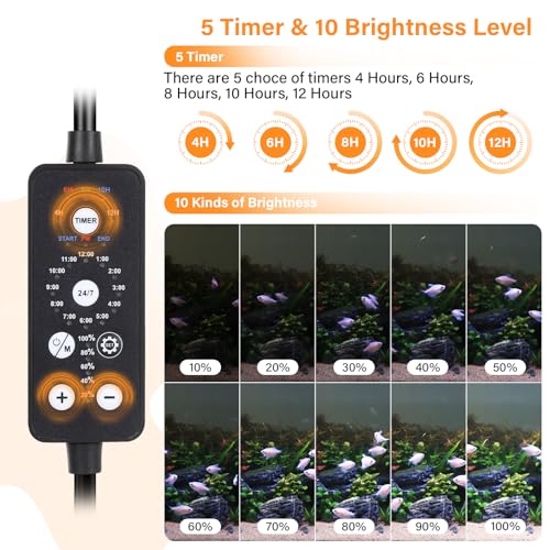 hygger Submersible LED Aquarium Light, 11W 12 in 24/7 Mode Fish Tank Light with 5 Rows Beads, with Timer 9 Colors and Adjustable Brightness, IP68 Waterproof Full Spectrum Light for 13-23 inch Tank - size: 12in 11W