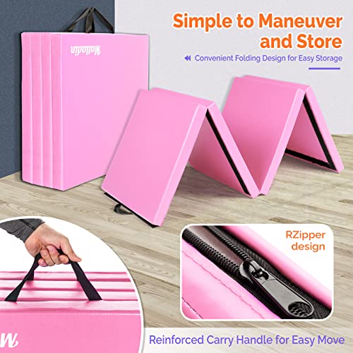Matladin 8' Folding Gymnastics Gym Exercise Aerobics Mat, 8ft x 2ft x 2in PU Leather Tumbling Mats with Hook & Loop Fastener for Stretching Yoga Cheerleading Martial Arts - color: Pink