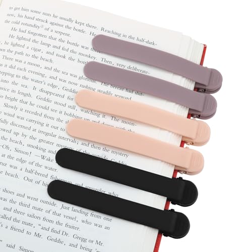 SMUK 6 Pieces Automatic Silicone Bookmarks, Page Holder Clip Bookmarks for Reading Women Men Book Lovers, Book Page Keeper Book Markers Reading Accessories Gifts - color: 2 Black+ 2 Light Coffee+ 2 Beige