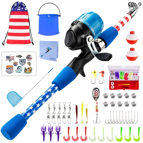 Kids Fishing Pole, Portable Telescopic Kids Fishing Poles for Boys Girls Youth, Fishing Rod and Reel Combo - color: Flag blue