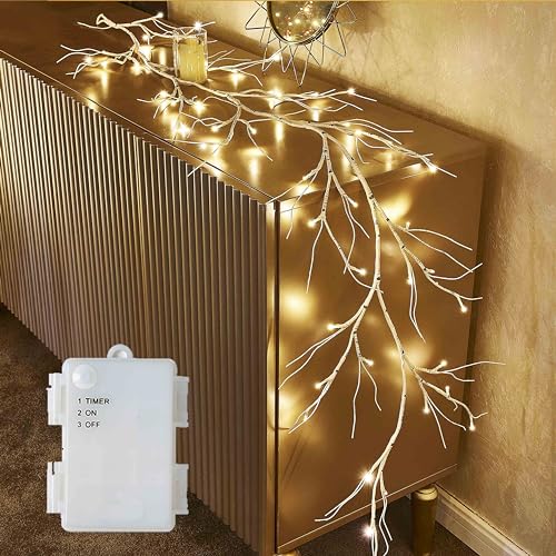 Hairui Birch Garland with Lights 6FT 48 LED Battery Operated, Lighted Twig Vine with Timer for Christmas Home Fireplace Decoration Indoor Outdoor Use - color: White Birch