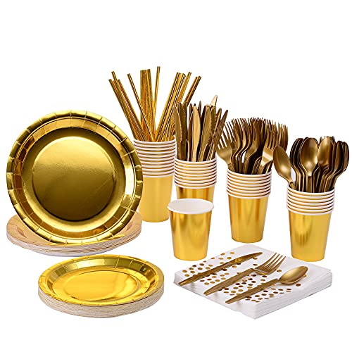 201 Gold Party Supplies Set - Disposable Paper Dinnerware Serves 25, Gold Paper Plates, Napkins, Cups with Plastic Silverware Sets for Wedding, Bridal, Baby Showers, Holidays - color: Gold