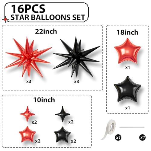 Red Black Star Balloons,16Pcs 22/18/10 Inch Foil Casino Prom Decor - color: Red Black