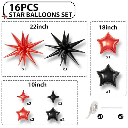 Red Black Star Balloons,16Pcs 22/18/10 Inch Foil Casino Prom Decor - color: Red Black