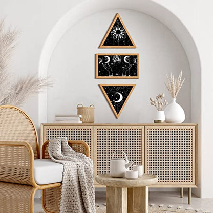 Qunclay 3 Pieces Boho Wall Decor Moon Phase Wall Decor Sun and Moon Minimalist Decorations Wooden Gothic Aesthetic Art Hanging Farmhouse Rustic Pediments for Living Room Home Bedroom Bathroom