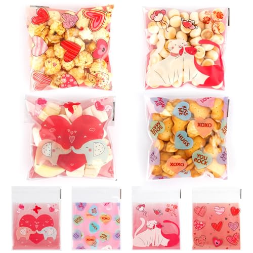 Valentines Goodie Bags, 100 PCS Valentines Cellophane Treat Bags, Valentine Day Plastic Goodie Candy Goody Cookie Favor Ziplock Bags Classroom Party Small Mini Valentine Gift Bags Bulk Decorations - color: 100pcs Valentine bags A