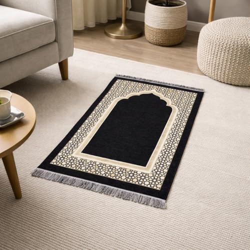 Modefa Turkish Islamic Prayer Mat - Thin Woven Chenille Sajjadah - Intricate Praying Rug Ramadan Eid Gift - Traditional Muslim Janamaz Sajada for Men Women - Geometric Selcuk Star (Black) - color: Black