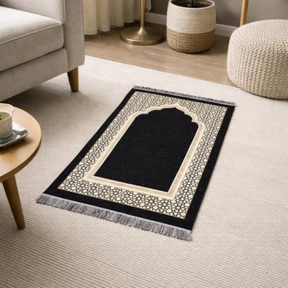 Modefa Turkish Islamic Prayer Mat - Thin Woven Chenille Sajjadah - Intricate Praying Rug Ramadan Eid Gift - Traditional Muslim Janamaz Sajada for Men Women - Geometric Selcuk Star (Black) - color: Black