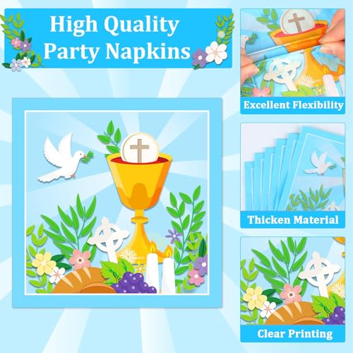 Qyeahkj 100 Pcs Baptism Plates and Napkins, First Holy Communion Party Blue Paper Disposable Tableware Decorations for Boys God Bless Decor for Christening Celebration Party Baby Shower, Serves 25 - style: First Holy Communion