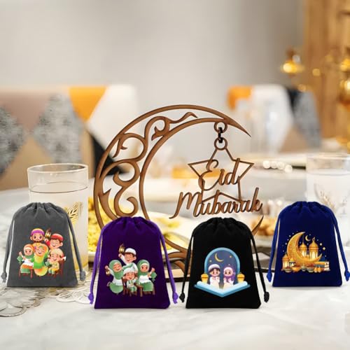 12 Pcs Mini Ramadan Velvet Drawstring Bags,Eid Mubarak Gift Bags Islamic Mosque Moon Star Drawstring Pouches Dice Jewelry Packing Bag for Arabic Muslim Islam Eid al-Adha Party Favor,2.7x 3.5 Inch