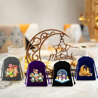 12 Pcs Mini Ramadan Velvet Drawstring Bags,Eid Mubarak Gift Bags Islamic Mosque Moon Star Drawstring Pouches Dice Jewelry Packing Bag for Arabic Muslim Islam Eid al-Adha Party Favor,2.7x 3.5 Inch