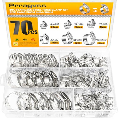70PCS Hose Clamp Assortment Kit, 304 Stainless Worm Gear Clamps | Fits 1/4" to 1 1/2" (6–38mm) Hoses for Automotive, Plumbing, Fuel Lines, Irrigation, and Household Repair