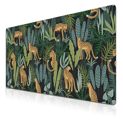 Extra Large Mouse Pad Yellow Green Office Desk Mats Gaming Mousepad Ga Mouse Pad Non-Slip Rubber Base Waterproof with Stitched Edges 35.4" X 15.7" for Game Office, Tropical Leaves - color: Leopard/Tropical Leaves