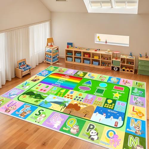 Kids Rug for Playroom Classroom, 8x10 Large ABC Alphabet Educational Area Rug, Learning Play Mat with Numbers, Animals & Seasons, Washable Non-Slip Carpet for Boys Girls - color: Multi 989 Green, size: 8' x 10' (Rectangular)